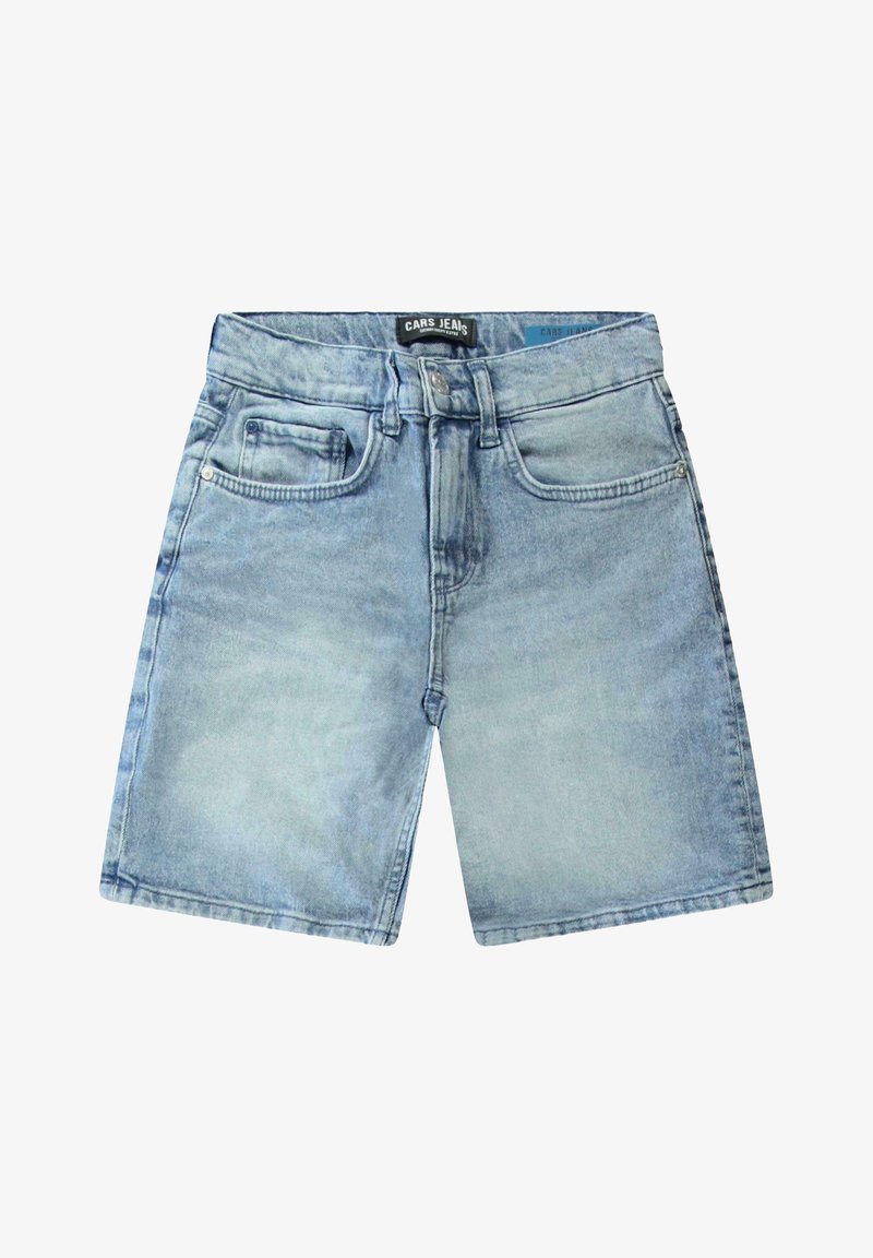 Lichtblauwe denim shorts met een vijf-pocket ontwerp, lichte vervaging, knoopsluiting en ri loops. Gladde textuur met gestikte accenten.
