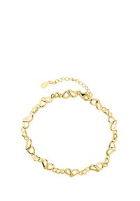 Guldarmband med sammanlänkade hjärtformade mönster, slät yta och en delikat kedjeförlängning med en droppformad detalj.