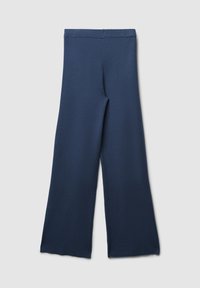 Marineblauwe weite Hosen aus einem weichen, strukturierten Stoff. Mit hohem Bund und glattem Taillenbund sowie schmal zulaufenden, weit geschnittenen Beinpartien.