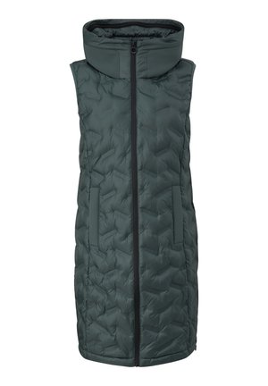 Gilet rembourré de couleur vert foncé avec un col haut, fermeture éclair sur toute la longueur à l'avant et deux poches latérales. Présente un motif de texture matelassée.
