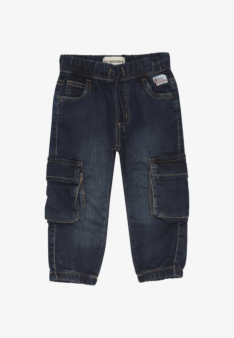 Pantaloni cargo in denim blu scuro con cintura elastica, due tasche laterali e due tasche cargo sulle cosce. Dettagli di cucitura a contrasto.