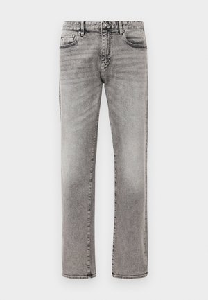 Graue, gewaschene Denim-Jeans mit geradem Bein, Vordertaschen, Gürtelschlaufen und Knopfverschluss.