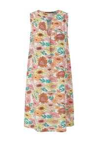 Robe sans manches longueur genoux avec un motif floral multicolore comprenant des fleurs roses, jaunes, orange et des feuilles vertes sur un fond clair.