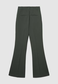 Dunkelgrüne, ausgestellte Hose aus glattem Stoff, mit flacher Vorderseite, Gürtelschlaufen und zwei Gesäßtaschen mit schlichten Nähten.