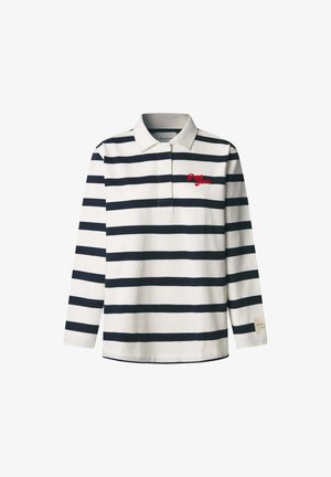 Bela polo majica s dolgimi rokavi z mornarsko modrimi vodoravnimi črtami. Ima ovratnik in rdeč vezen logotip. Mehka, bombažna tkanina.