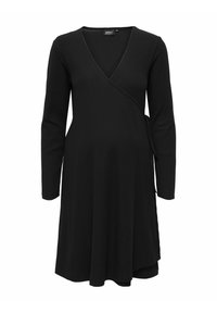 Robe de maternité noire à manches longues côtelées, avec col en V et fermeture par nouage sur le côté.