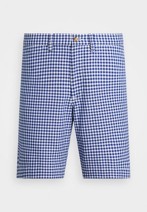 Shorts à carreaux bleu et blanc en gingham avec une coupe plate, fermeture à bouton et poches latérales, fabriqués en tissu léger.