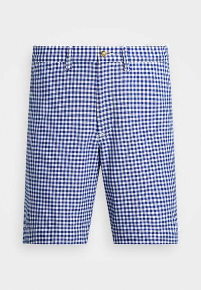Blå och vit rutiga shorts i gingham med flat front, knäppning och sidofickor, tillverkade av lättviktsmaterial.