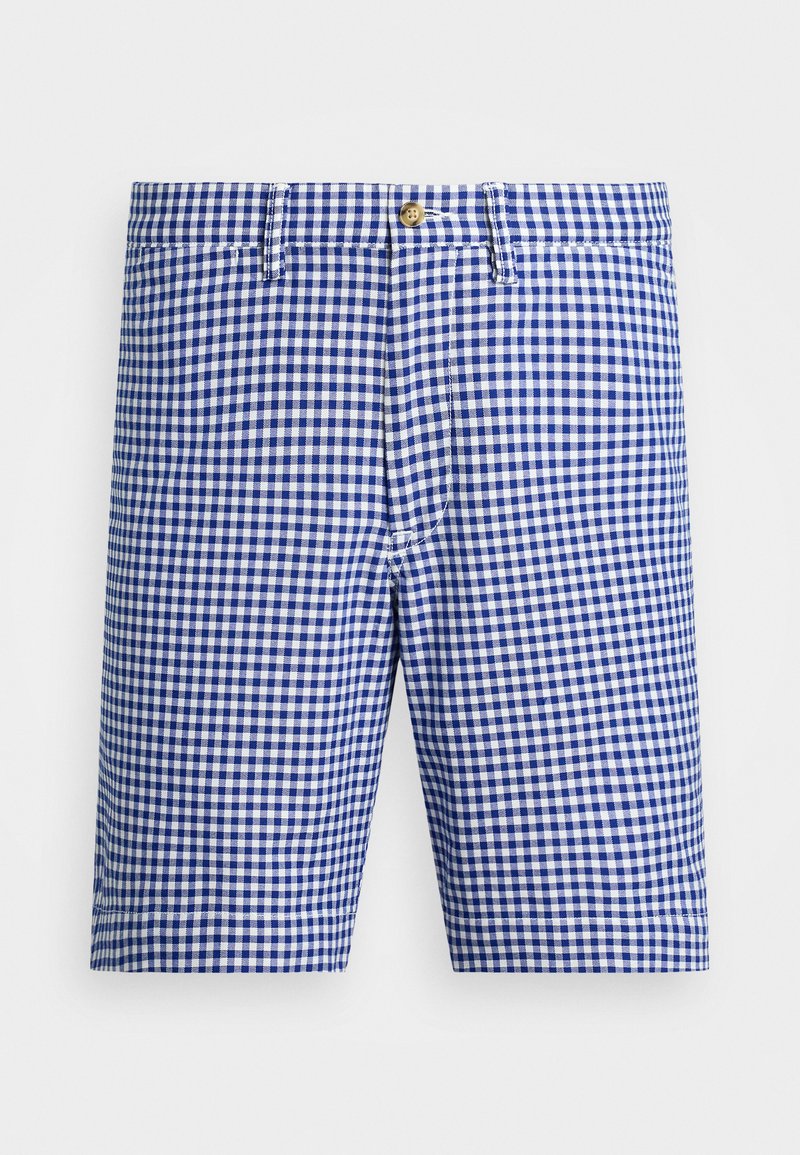 Blå og hvit sjakkrutete shorts med flat front, knappeåpning og sidelommer, laget av lett stoff.