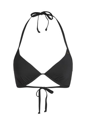 Svart bikini topp med trekantkopper, justerbare stropper og knytting bak. Laget av glatt stoff med et enkelt design.