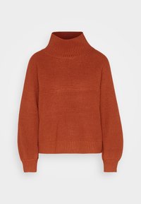 Gruby sweter z wysokim kołnierzem w kolorze rdzy pomarańczowej. Posiada luźny krój, ściągacze przy mankietach i na dole, z fakturowaną powierzchnią oraz poziomym detalem w postaci pasa.