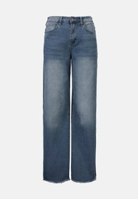 Vide benklær laget av lys blå denim med en falmet effekt. Har en knappelukking, fem lommer og rå kant ved anklene.