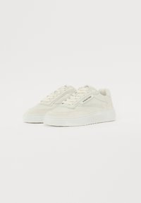Lys grå sneakers med overdel i semsket skinn og mesh, snøring, og tykk hvit såle. Har stingdetaljer og merke-logo.