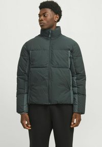 Dunkelgrüne gepolsterte Jacke mit hohem Kragen, Frontreißverschluss und kontrastierender Ärmelfaser. Verfügt über ein kastiges Design und dezente Markenkennzeichnung.