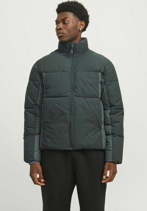 Dunkelgrüne gepolsterte Jacke mit hohem Kragen, Frontreißverschluss und kontrastierender Ärmelfaser. Verfügt über ein kastiges Design und dezente Markenkennzeichnung.