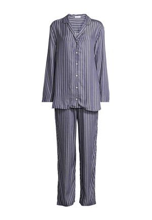 Set di pigiama a righe blu navy realizzato in tessuto morbido e leggero. Include una camicia con bottoni a maniche lunghe e pantaloni abbinati a vestibilità comoda.
