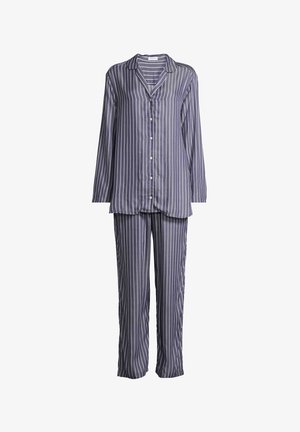 Yhdenlaisista vaalean sinisistä pykälistä valmistettu pehmeä, kevyt pajamasetti. Sisältää napitettavan paidan pitkillä hihoilla ja vastaavat löysät housut.