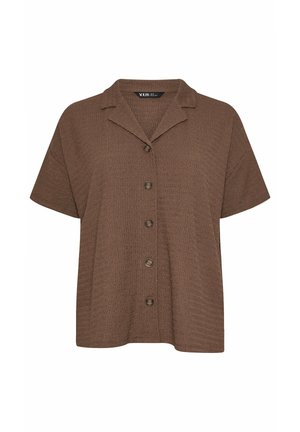 Bruin textuuroverhemd met korte mouwen, kraag, vijf knopen aan de voorkant en een losse pasvorm.