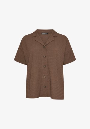 Camisa marrón de manga corta con textura, botones al frente, cuello, cinco botones frontales y corte suelto.