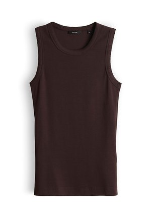 Dunkelbraunes, ärmelloses, geripptes Tanktop mit rundem Ausschnitt, aus elastischem Stoff, Größe 36 mit Markenetikett "OPUS".