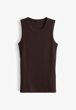 Dunkelbraunes, ärmelloses, geripptes Tanktop mit rundem Ausschnitt, aus elastischem Stoff, Größe 36 mit Markenetikett "OPUS".