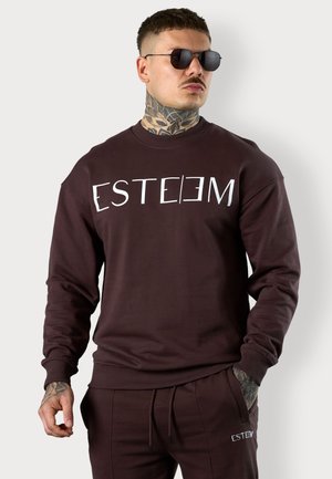 Brauner Sweatshirt mit weißem Text "ESTEEM", mit gerippten Bündchen und Saum, kombiniert mit passenden Hosen. Glatte Stoffoberfläche.
