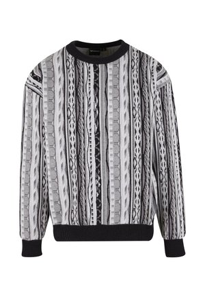 Knitted sweater in shades of gray and black, featuring geometric patterns in stripes, round neckline, and ribbed cuffs and hem.
