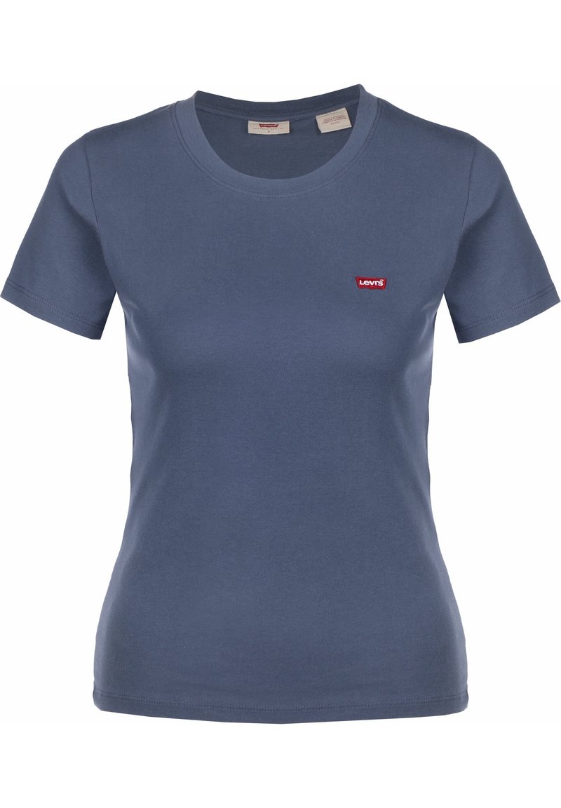 Krátký rukáv modré bavlněné tričko s kulatým výstřihem a malým červeným logem Levi's na levém horním boku. Hladká textura.