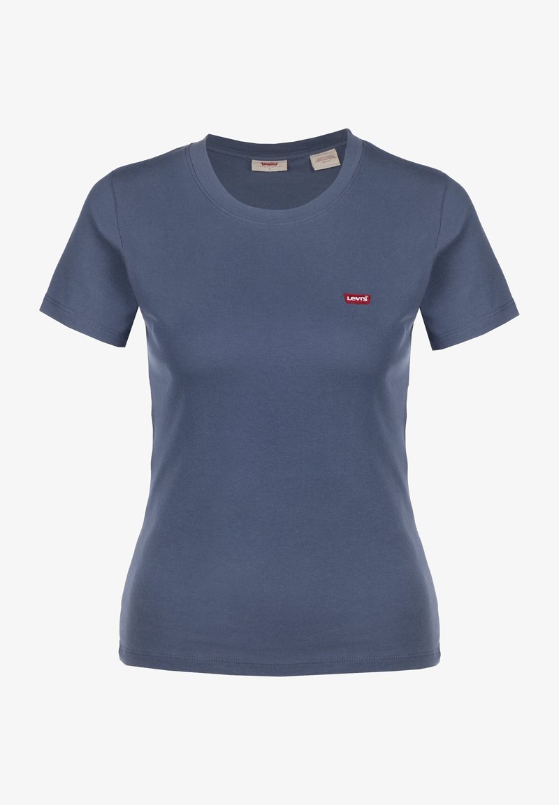 Krátký rukáv modré bavlněné tričko s kulatým výstřihem a malým červeným logem Levi's na levém horním boku. Hladká textura.