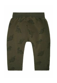 Groene katoen leggings met zwarte geometrische dinosaurussenprints, voorzien van een elastische tailleband en een gladde textuur. Caprilengte.