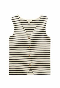 Prúžkovaný top bez rukávov v krémovej a námorníckej modrej farbe. Má výstrih do V, päť gombíkov na zapínanie a mierny rozparok na leme. Vyrobený z jemného bavlneného materiálu.