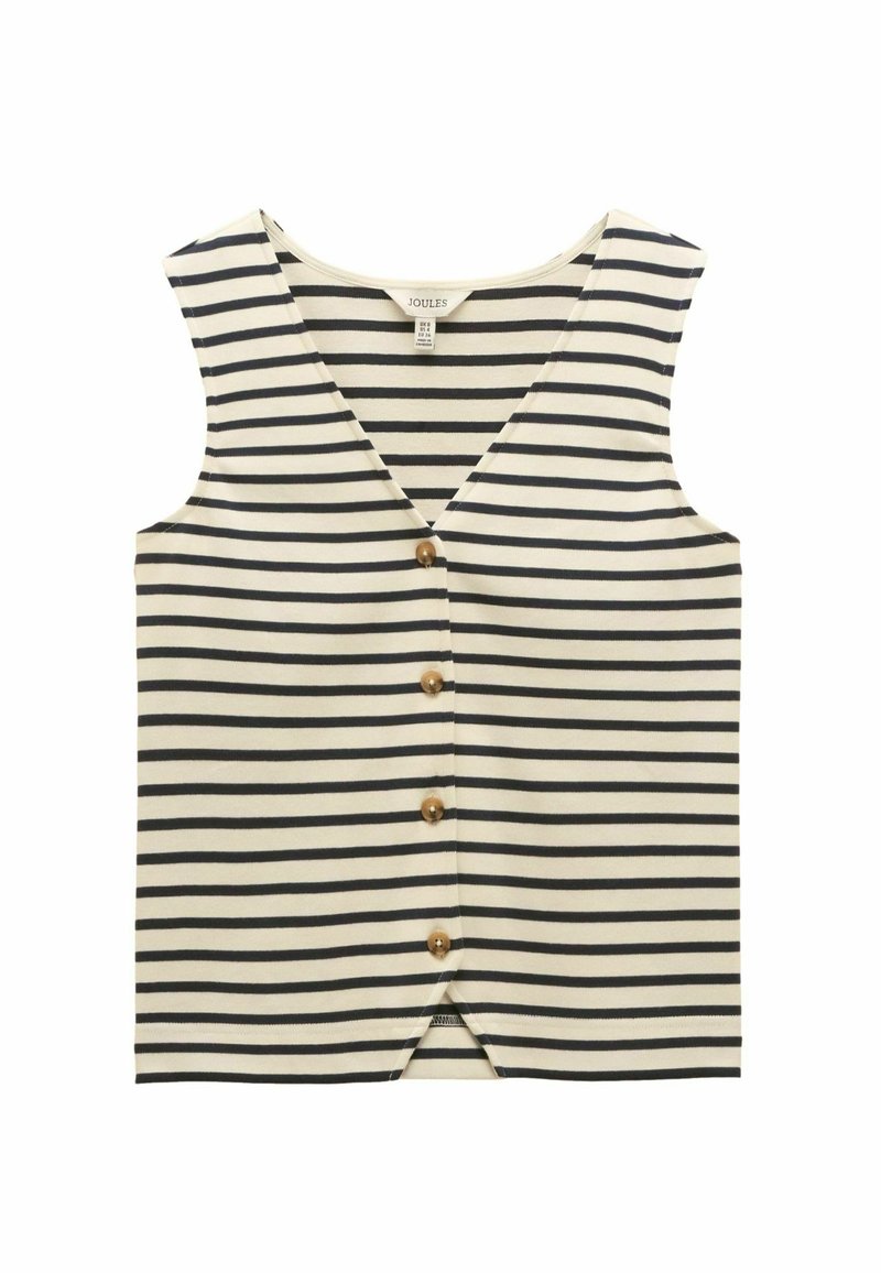 Prúžkovaný top bez rukávov v krémovej a námorníckej modrej farbe. Má výstrih do V, päť gombíkov na zapínanie a mierny rozparok na leme. Vyrobený z jemného bavlneného materiálu.