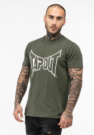Olive green cotton T-shirt featuring a large white "TAPOUT" logo on the front. Crew neckline, short sleeves, and a relaxed fit.