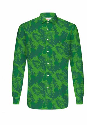 Garā piedurkņu krekls ar spilgti zaļu rakstu, kurā ir tumšāku zaļu abstraktu formu un seju motīvi visā krekla virsmā, ar baltām pogām priekšpusē.