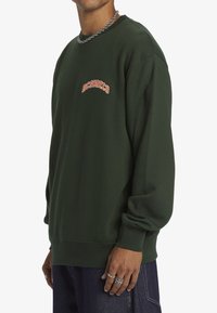 Sudadera verde de tejido suave con escote redondo, hombros caídos y logo bordado "DCSHOECO" en naranja.