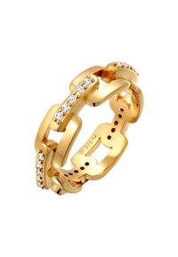 Ring i guldfärgad metall med ett sammanlänkat kedjedesign och genomskinliga ädelstenar i rad. Slät yta med polerad finish.