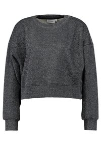 Sudadera recortada en gris oscuro con un acabado metálico. Cuenta con un cuello redondo, hombros caídos y puños y dobladillo acanalados. Textura suave.