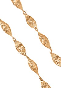 Złoty łańcuszek składający się z wydłużonych, liściastych ogniw o fakturowanej powierzchni i misternych wzorach, połączonych małymi okrągłymi elementami.