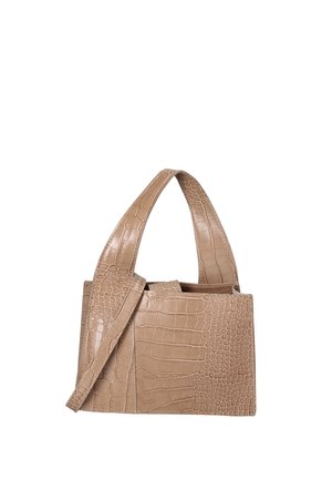 Borsa in pelle sintetica beige con motivo coccodrillo, dalla forma strutturata, con due manici superiori e una tracolla removibile per diverse opzioni di trasporto.