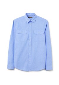 Helles blaues langärmliges Hemd mit Knöpfen aus weichem Stoff. Verfügt über zwei Brusttaschen und einen klassischen Kragen. Knöpft sich vorne.