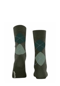 Chaussettes montantes à motif argyle vert et marron avec un haut côtelé. Présentent des accents bleu clair et une texture lisse.