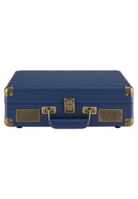 Blue faux leather case with brass accents, a secured latch, and rounded corners. Features a padded handle and mesh speaker design.