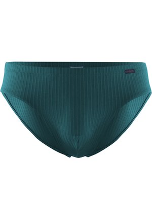 Culotte de bikini côtelée en teal avec ceinture élastique et coutures cousues. Le tissu a une texture lisse et un design ajusté, idéal pour le confort.