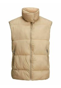 Mjuk, vadderad ärmlös väst i beige, med hög krage, hel dragkedja framtill och två sidofickor med dragkedja. Slät, lättviktig tyg.