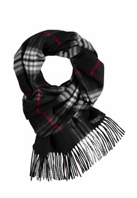 Écharpe à carreaux noirs avec des rayures blanches et rouges, extrémités à franges, pliée en boucle avec une étiquette de marque visible.