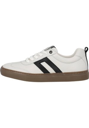 Weiße Ledersneaker mit schwarzen diagonalen Streifen, Gummisohle, runder Spitze und Schnürdesign. Verfügt über eine Zuglasche hinten und strukturierte Akzente.