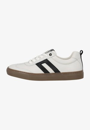 Weiße Ledersneaker mit schwarzen diagonalen Streifen, Gummisohle, runder Spitze und Schnürdesign. Verfügt über eine Zuglasche hinten und strukturierte Akzente.