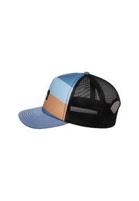 Lkw-Fahrer-Cap mit einem blauen, beigen und schwarzen gestreiften Design, mit einem weichen Schirm und einem Mesh-Rücken zur Belüftung. Logo-Patch auf der Vorderseite.