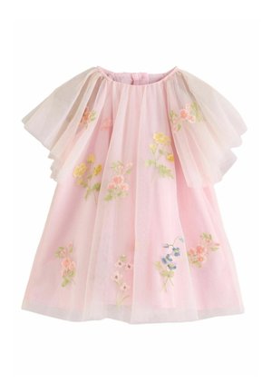 Robe rose clair avec manches à volants transparentes, ornée de broderies florales multicolores et d'un col rond.