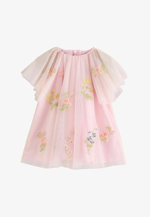 Jasnoróżowa sukienka z przezroczystymi, warstwowymi rękawami, ozdobiona wielokolorową, kwiatową haftem i okrągłym dekoltem.